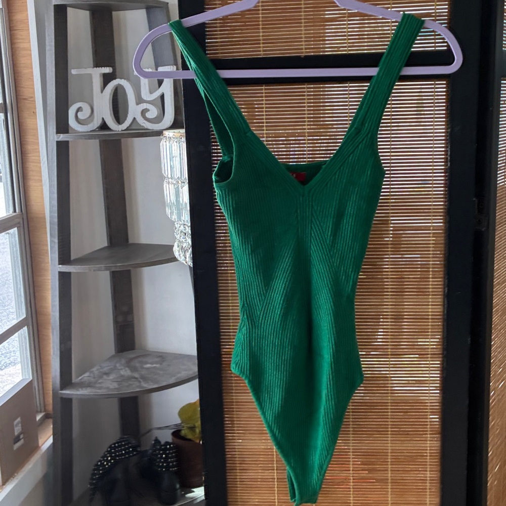 Guess G String Emerald Green V Neck Body Suit Sexy Mob Wife Size S Worn 1x